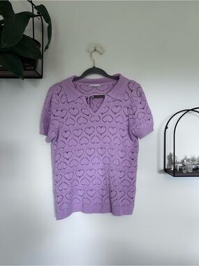 Kaily K Pink Heart Open Knit Collared Tie V Neck Short Sleeve Top Sweater XL